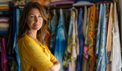 Naklejka premium Woman stands in front of wall of fabric.