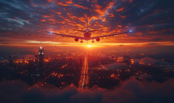 Airplane is flying over the city at night with beautiful sky