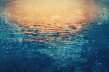 Abstract blue sea and sky gradient with golden light leak effect. Grainy textured background