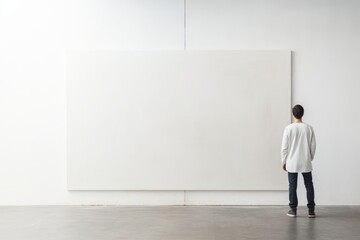 In a sparse studio space, an artist stands before a blank canvas