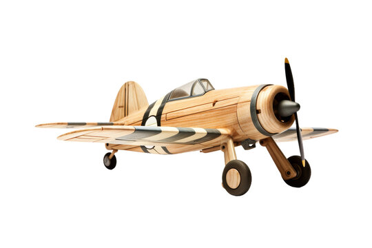 Majestic Wooden Model Plane Soaring Amidst the Clouds. On a White or Clear Surface PNG Transparent Background.