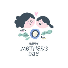 Happy Mother's Day card with woman and her daughter. Can be used for postcard, banner, poster and printable. - 769562593