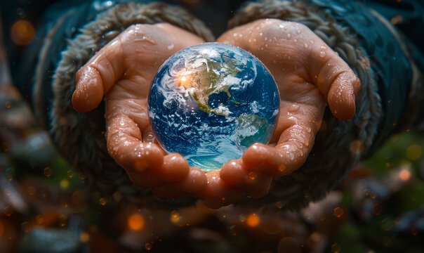 Earth globe in human hands. Elements of this image furnished by NASA