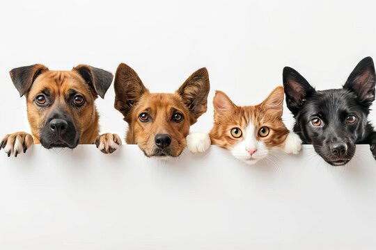 Adorable dogs and cats peeking out from behind white banner, cute and funny animal friends, pet advertising