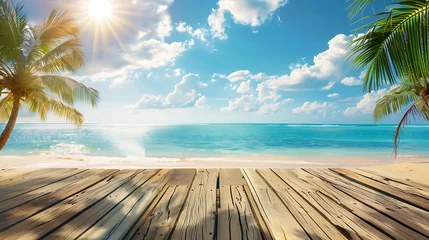Abwaschbare Fototapete Summer panoramic landscape, nature of tropical beach with wooden platform, sunlight. Golden sand beach, palm trees, sea water against blue sky with white clouds. Generative Ai © Handz