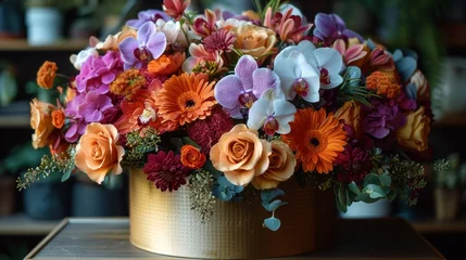 Zelfklevend Fotobehang Luxurious Floral Arrangement in Gold Pot with Vibrant Orchids and Orange Blooms © Marina