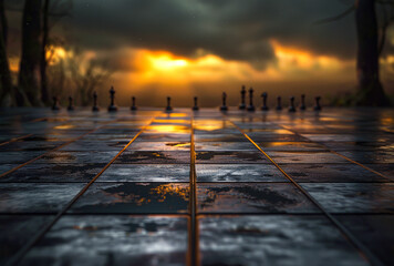 Chess pieces on wet chessboard at sunset
