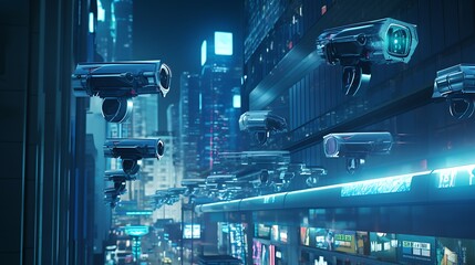 High-tech surveillance monitoring urban safety with a focus on privacy and ethics. - obrazy, fototapety, plakaty