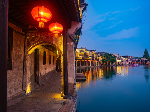 Night view of Nanxun, an ancient water town in Zhejiang Province, China.