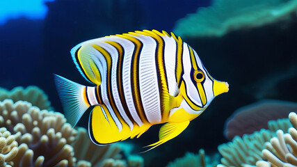 Fototapeta na wymiar COPPERBAND BUTTERFLYFISH (Chelmon rostratus) Fish from Pacific Ocean