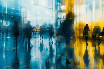 Blurred silhouettes of office employees in a modern blue and yellow business building, abstract architecture