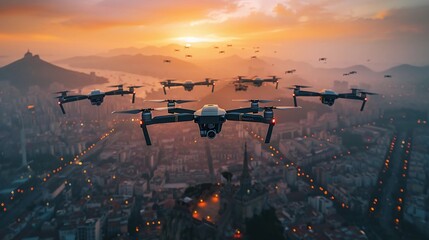 Quadcopter Drones Over City At Dawn, Orange Skyline. Smart Cities, Technology Integration In Urban Development. Surveillance, Monitoring, Urban Planning. AI Generated - obrazy, fototapety, plakaty