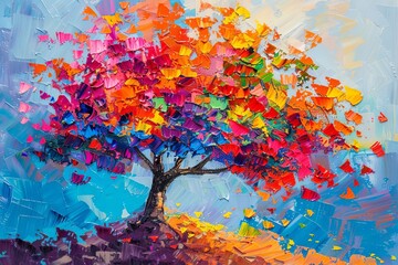 Colorful autumn tree with vibrant flowers, oil painting on canvas, impressionist style - obrazy, fototapety, plakaty