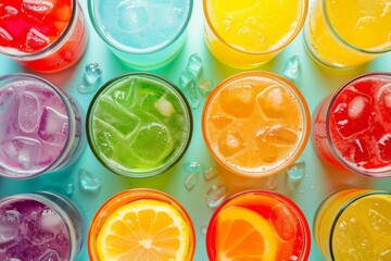 Colorful Soda Drinks Menu, Top View of Glasses with Refreshing Mocktails or Cocktails, Isolated on Background
