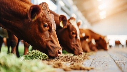 Cattle feeding on hay in cowshed at a dairy farm, livestock grazing on nutritious fodder - obrazy, fototapety, plakaty