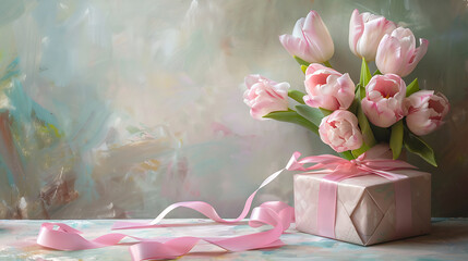 Tulips and Gift Box with Pink Ribbon on Pastel. Generative Ai