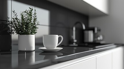Morning coffee in a modern kitchen with a fresh herb pot and sleek black countertops