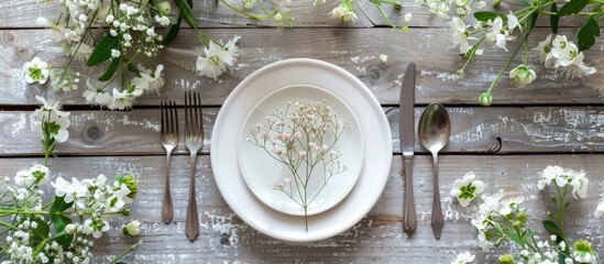 Top view of rustic summer table setting with plate and cutlery adorned with delicate flowers - obrazy, fototapety, plakaty