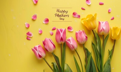 Mother's day - calligraphy lettering on background with tulip flowers. Holiday greeting card, poster, banner concept.