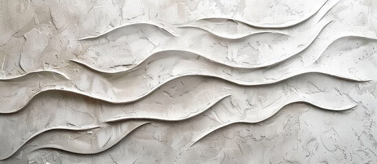 Decorative textured wall background in gray beige with wavy embossed lime plaster pattern, close up