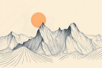 The minimalist line drawing of a mountain range with a rising sun has been created, featuring the subtle sun 