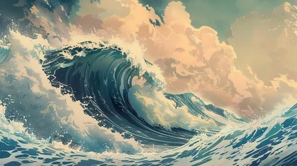 Papier Peint photo Olive verte Illustration of Great Ocean Wave with Japanese Vintage Style. Background, Wallpaper, Landscape, Sea, Japan, Nature, Water, Blue, Asia, Surf, Wind, Island, Symbol, Seascape, Asian 