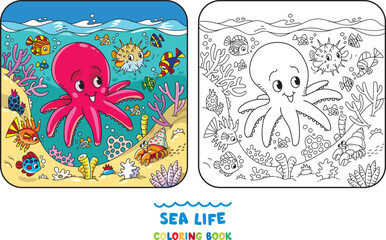 Sea theme. Octopus coloring book. Kids vector