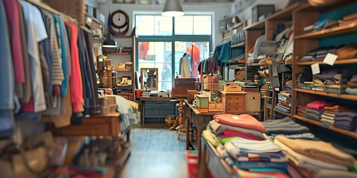 Blurry image of a secondhand clothing shop with a variety of items like clothes accessories books and household items. Concept Secondhand Clothing Shop, Variety of Items, Blurry Image, Clothes