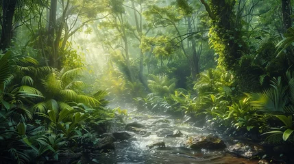 Papier Peint photo Olive verte A stream gracefully winds its way through a dense forest, surrounded by vibrant green trees and foliage. The sunlight filters through the canopy, casting dappled shadows on the forest floor.