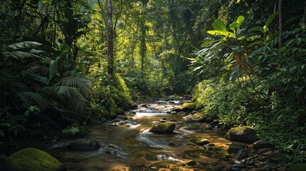 Obraz premium A stream gracefully winds its way through a dense forest, surrounded by vibrant green trees and foliage. The sunlight filters through the canopy, casting dappled shadows on the forest floor.