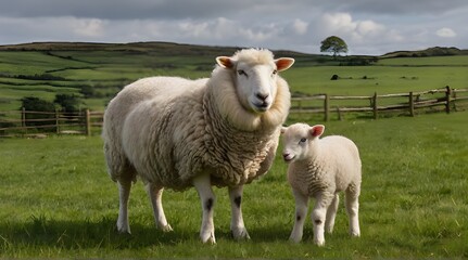 Texel ewe female sheep with twin newborn lambs in lus Young Girl Holding a Lamb   geneative ai 