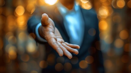 Fototapeta premium Reaching out hand gesture with blurred golden lights background. Concept of support, help, and compassion.