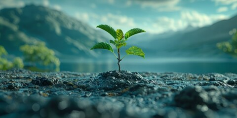 Vibrant green seedling sprouting from rocky ground against majestic mountain landscape. Concept of growth, resilience, and environmental renewal. - obrazy, fototapety, plakaty