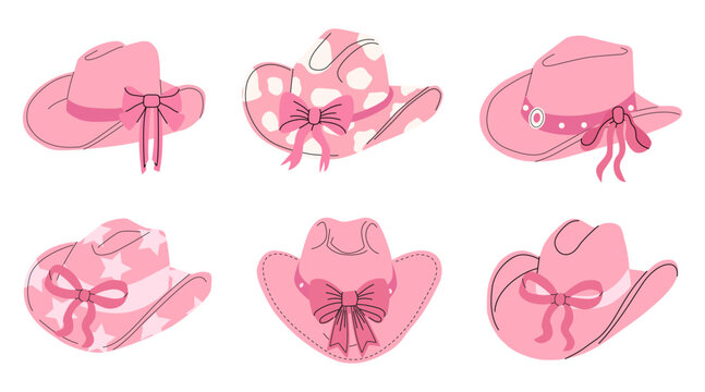 Hand drawn female cowboy hats with bows. Pink cowgirl hats flat vector illustration. Collection of retro elements. Cowboy Western and Wild West theme. Women accessories
