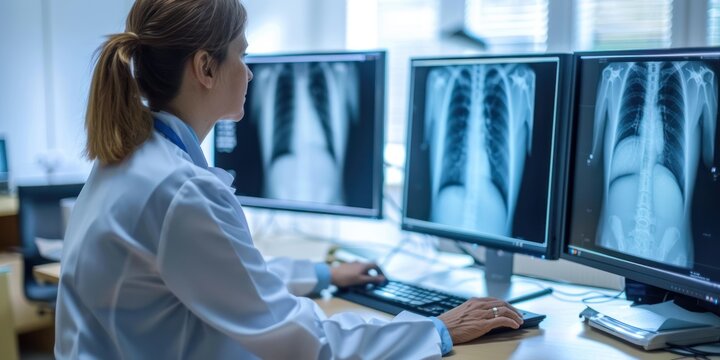 A medical professional reviewing X-ray images on a computer monitor.