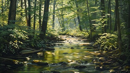 A stream gracefully winds its way through a dense forest, surrounded by vibrant green trees and foliage. The sunlight filters through the canopy, casting dappled shadows on the forest floor.