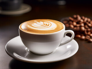 Morning coffee with milk and coffee beans for flavor, white cup, netral background.