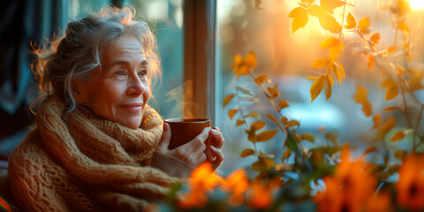 A contemplative mature woman savors her coffee beside a window with autumn leaves.