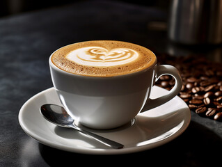 Morning coffee with milk and coffee beans for flavor, white cup, netral background.