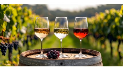 Assorted wine glasses displayed on wooden barrel amidst scenic vineyard backdrop
