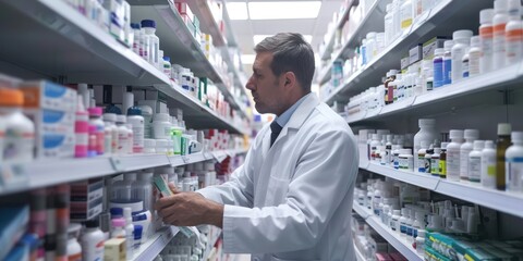 A pharmacist organizing medication shelves in a pharmacy.  - obrazy, fototapety, plakaty