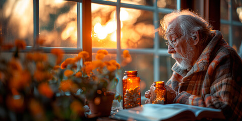 An elderly man sorts his medication by the warmth of a sunset-lit window.