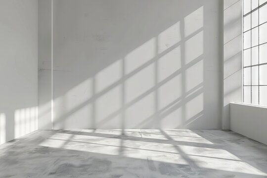 Empty white studio room with concrete floor and walls, sunlight casting window frame shadow, minimalist interior background