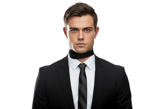 The Dapper Gentleman: A Man in a Suit and Tie Stylishly Adjusting His Neck Tie. On a White or Clear Surface PNG Transparent Background.