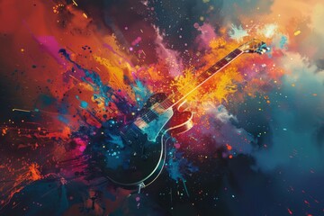 Explosive rainbow colors burst from guitars and drums, abstract music concept, digital art - obrazy, fototapety, plakaty