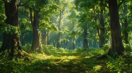 Obraz premium A summer forest filled with an abundance of towering, verdant trees, casting dappled light and shadows.