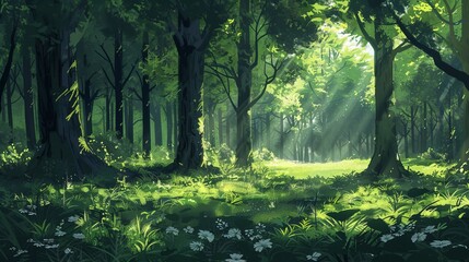 A summer forest filled with an abundance of towering, verdant trees, casting dappled light and shadows.