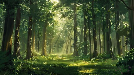 A summer forest filled with an abundance of towering, verdant trees, casting dappled light and shadows. - obrazy, fototapety, plakaty