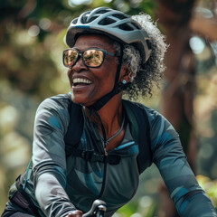 Smiling african american elderly woman in sportswear riding bicycle. Active old age concept - obrazy, fototapety, plakaty