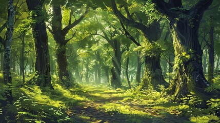 A summer forest filled with an abundance of towering, verdant trees, casting dappled light and shadows.